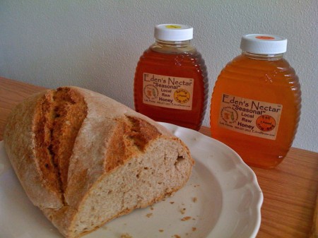 02-07-09-honey-bread Fresh raw honey and fresh-baked whole wheat bread is food for the gods.