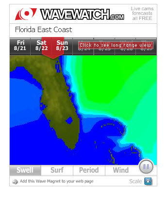 View of the Florida peninsula showing how Atlantic Ocean swells from Hurricane Bill are blocked by the Bahama Islands.