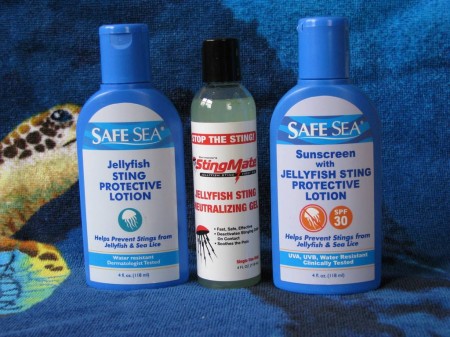 01 03 09 jellyfish-products 002 SafeSea lotion is another jellyfish product. It prevents the jellies from stinging you, so it is a preventative rather than a sting treatment. Here I photographed both the SafeSea lotion with and without sunscreen with a bottle of Stingmate in between.