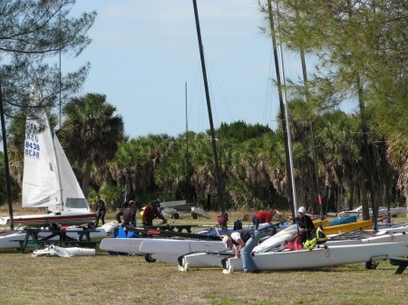 Sailors gather for a racing event at Fort Desoto's East Beach.