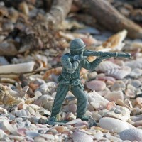A toy soldier washed up on the beach.